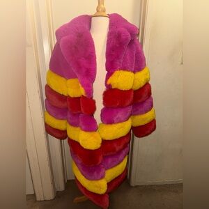 AKIRA colorblock red pink yellow Faux Fur Coat small